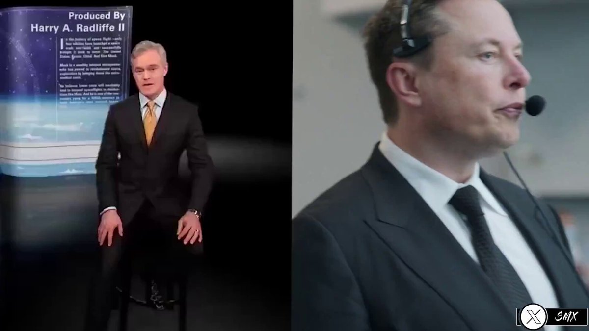 Split screen of a news broadcast and Elon Musk wearing a headset