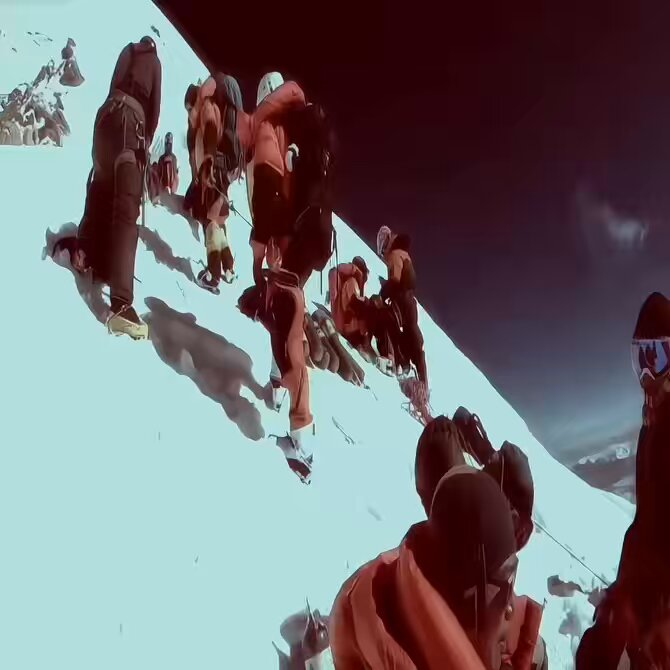 Climbers ascending a snow slope at high altitude